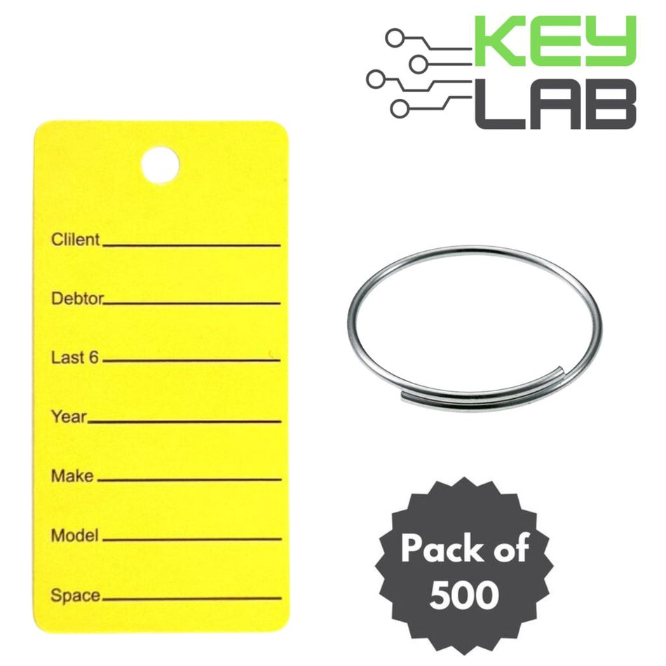 Paper Yellow Key Tags  (500 Count) 1.25"x2.5" for Repossession With (500 Count GAK4 Keyrings) - Royal Key Supply