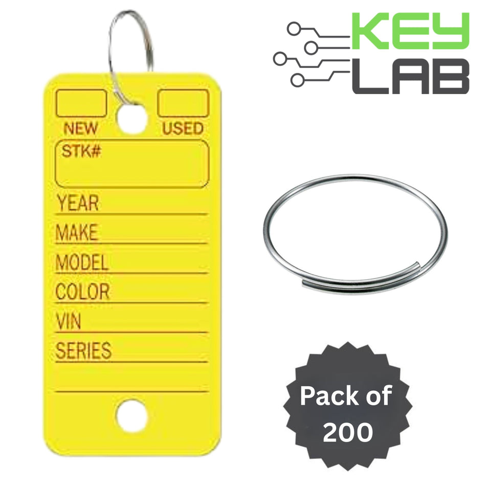 PVC Yellow Key Tags (200 Count) 1.4"x3in" With (200 Count Keyrings & Markers) - Royal Key Supply